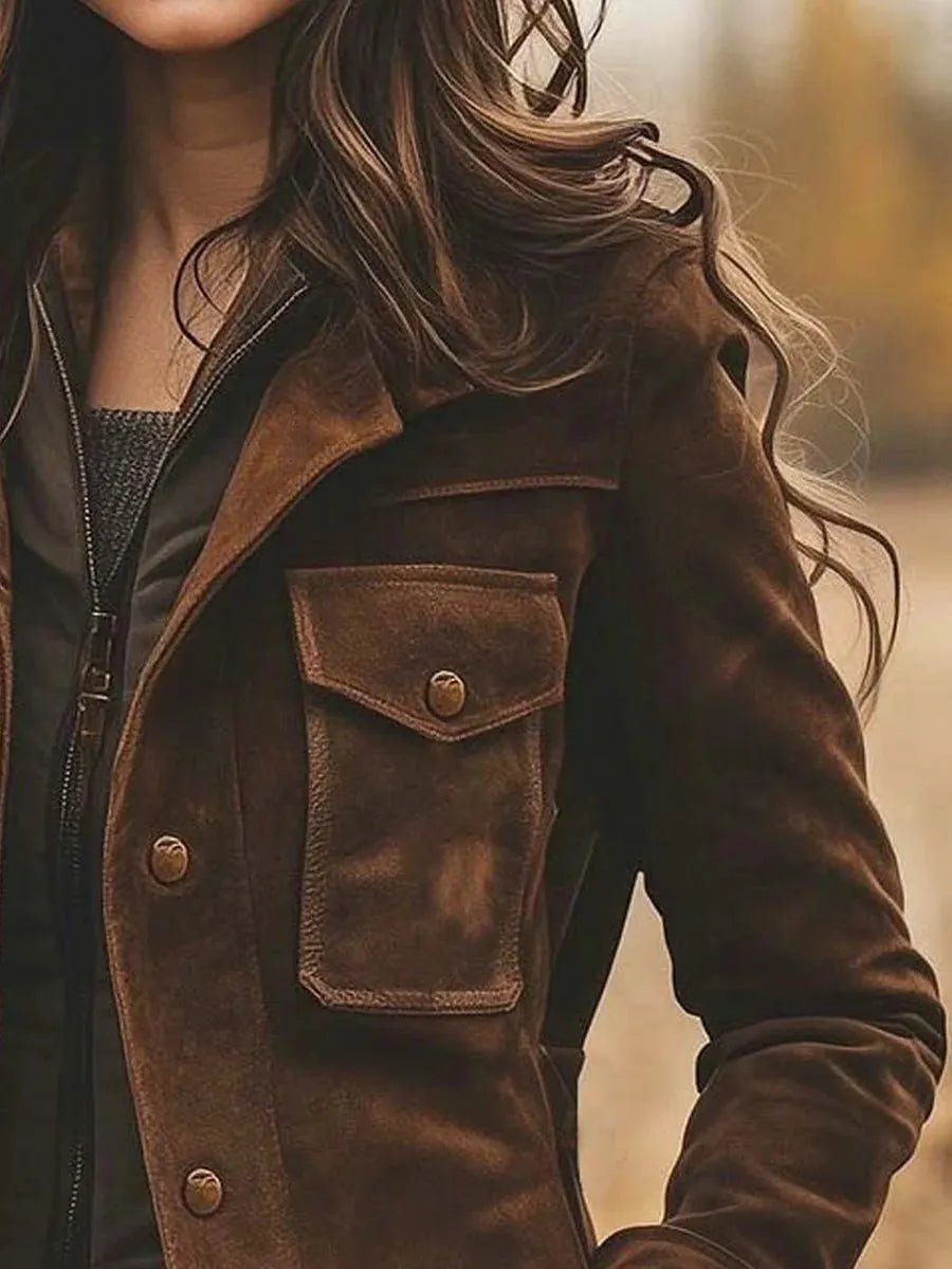 Vintage Suede Lapel Collar Mid-Length Coat Jacket
