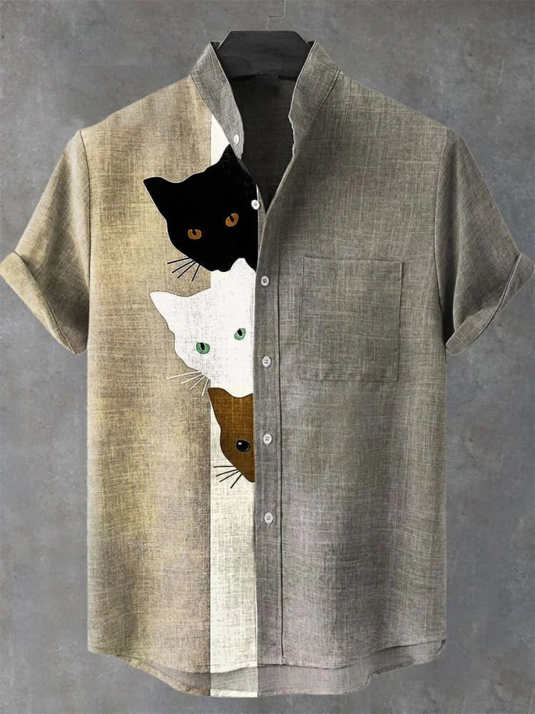 Vintage Funny Black Cat Art Print Casual Cotton Shirt
