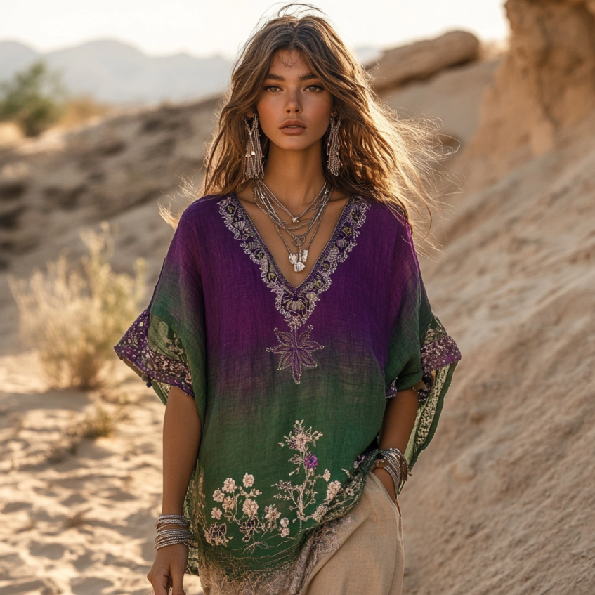 Vintage Floral Embroidered Art Cotton Linen Comfy Short Sleeves Shirt