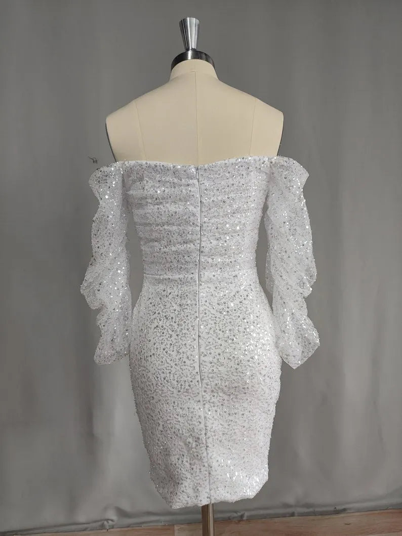 Mini wedding dresses, Shiney fitted white short bridal dress, Beaded Engagement Bridal dress, Long Sheer Sleeves white dress