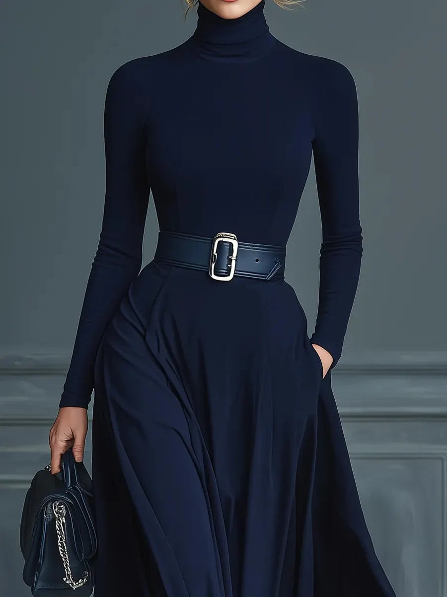 Dark Blue Knitted High-neck Dress