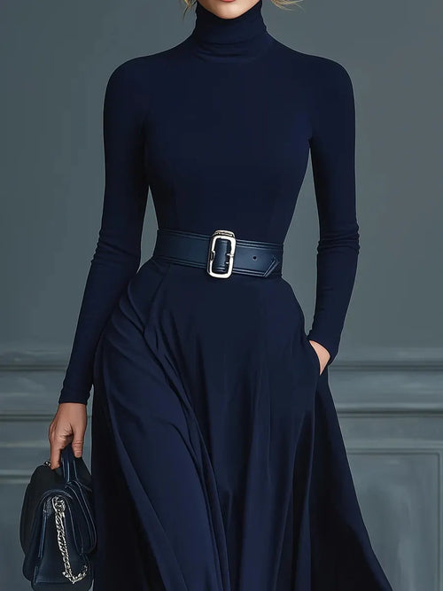 Dark Blue Knitted High-neck Dress