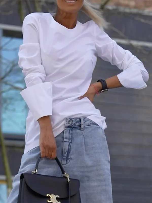 Long Sleeves Loose Solid Color Round-Neck T-Shirts Tops