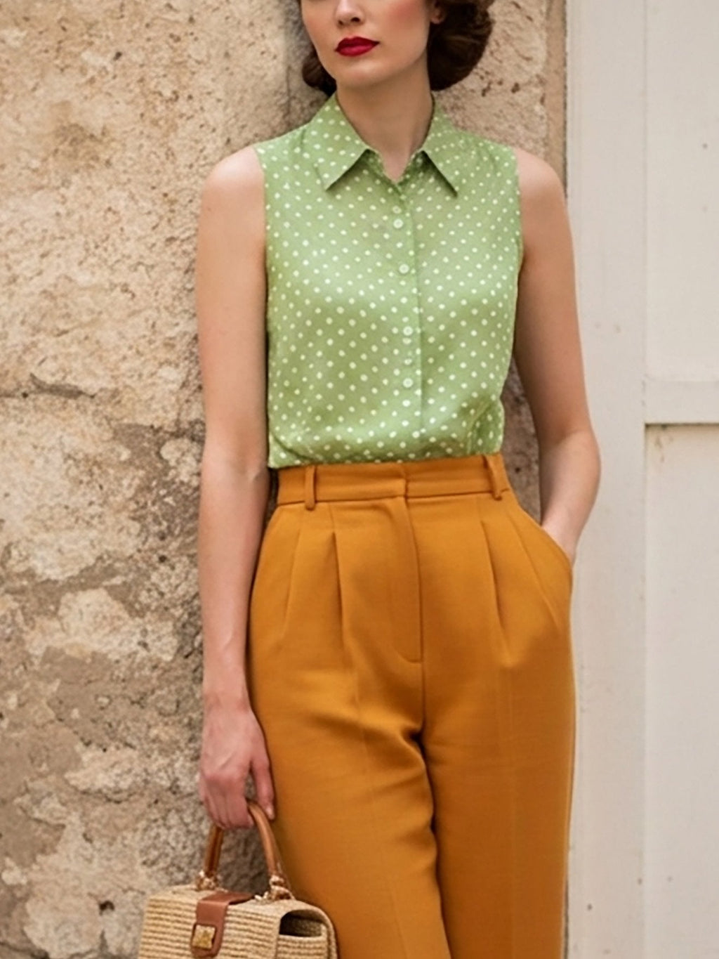 Linen Shirt, Sleeveless, Shawl Collar, Polka Dots, Button Design, French Vintage, Green