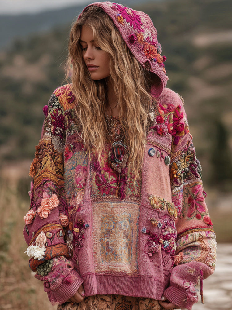 Bohemian Style Three-dimensional Flower Embroidery Pink Patchwork Hooded Long-sleeved Sweater