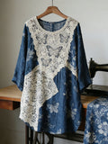 Vintage Lace Butterfly Patchwork Linen Women's Long Sleeve Shirt