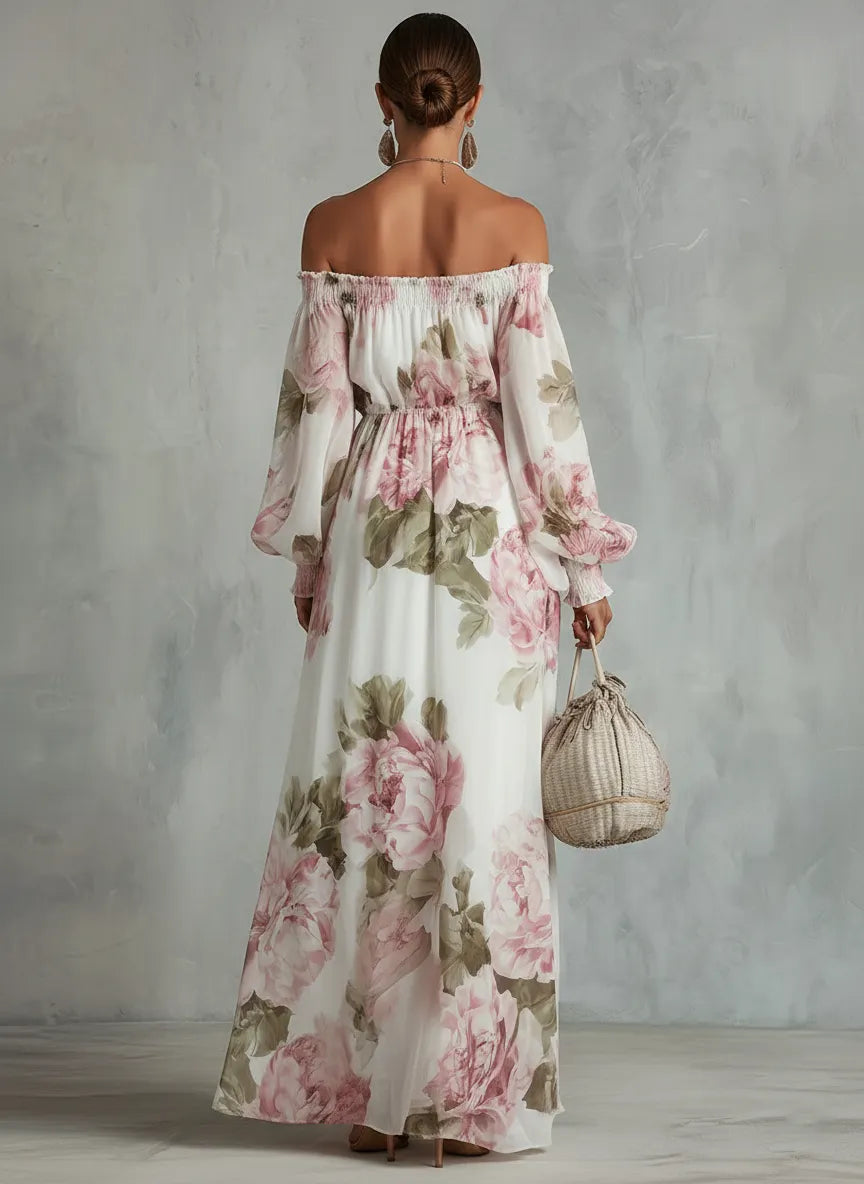 White And Pink Floral Print Off-shoulder Chiffon Maxi Dress