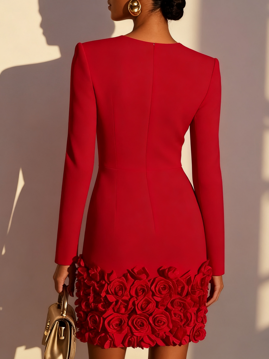 Red 3D Floral Classic V Neck Long Sleeve Sheath Mini Dress