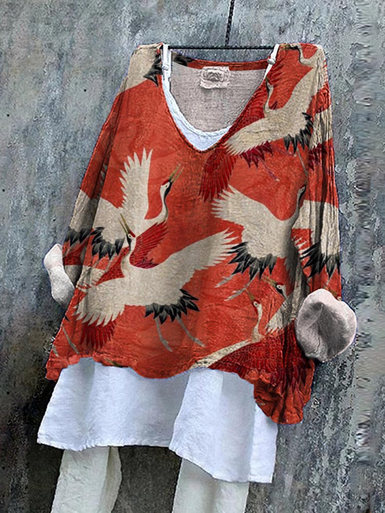 Japanese Art Crane Print V-Neck Loose Blouse