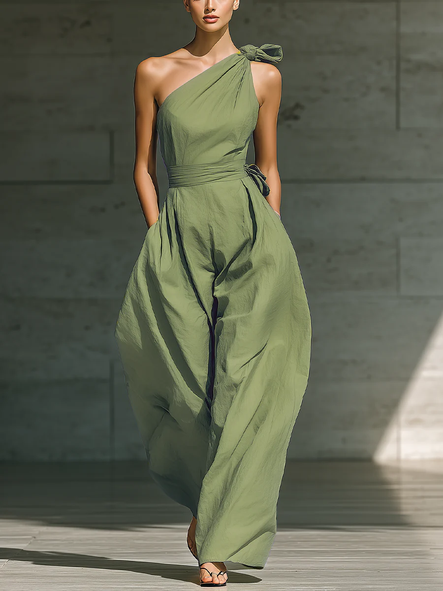 Green One-shoulder Wide-leg Jumpsuit