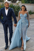 Daisda Stunning Sky Blue Long Sleeves Evening Dress Mermaid Split Long With Ruffles Beads