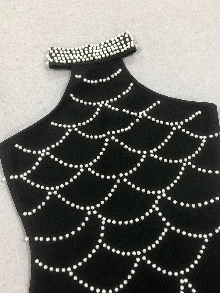 Halter Pearl Detail Maxi Dress Black