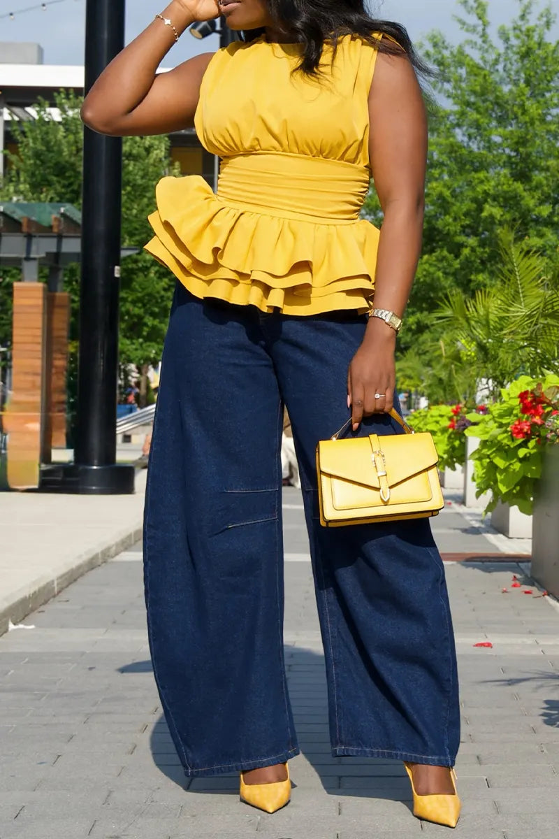 Women's Round Neck Sleeveless Waist Cinched Patchwork Top or Wide Leg Jeans