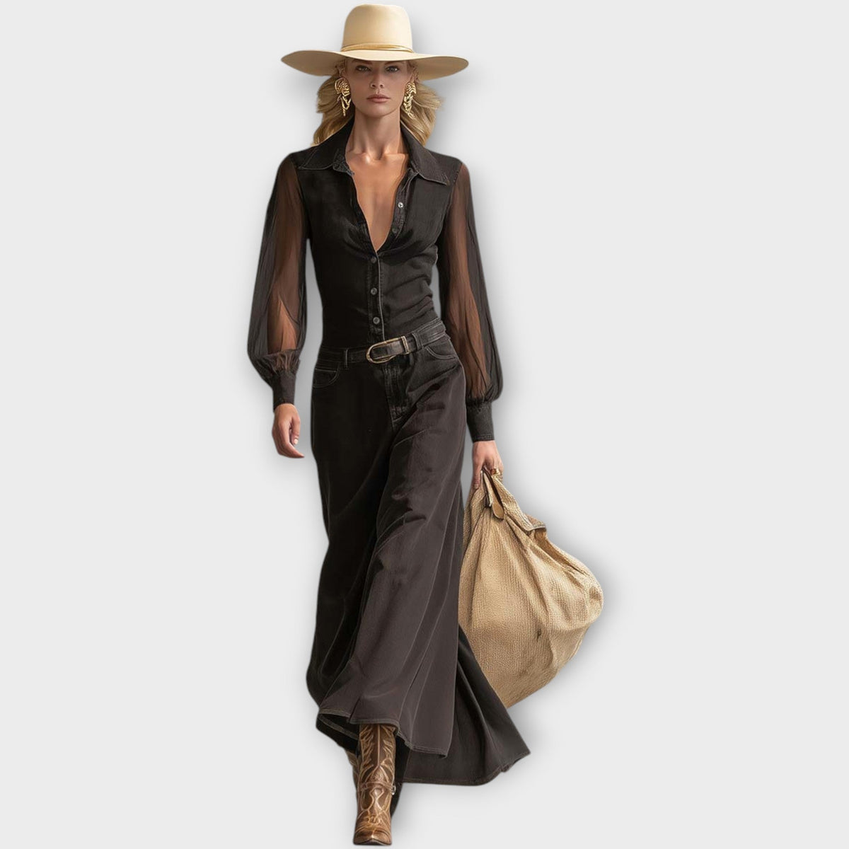 Sheer Sleeve Button-Front Maxi Dress