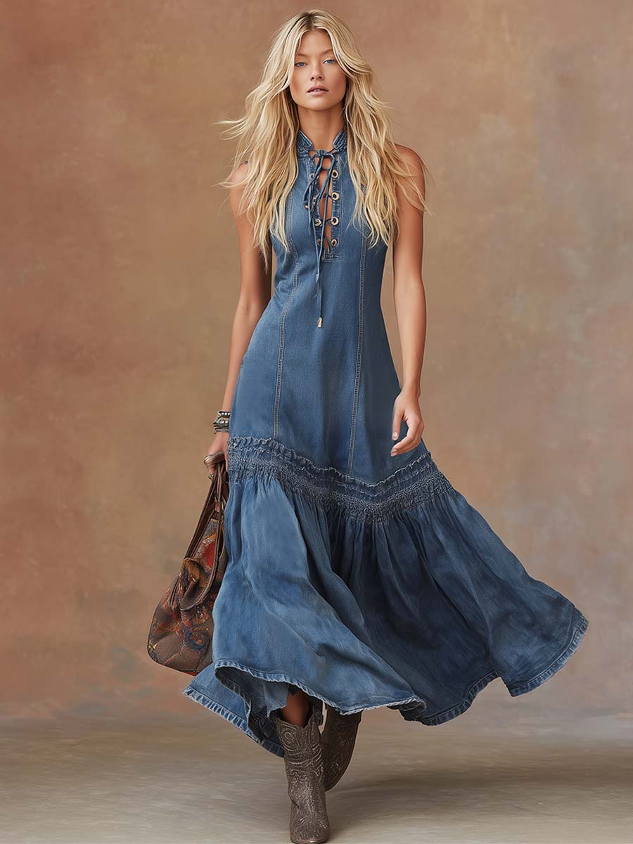 Elegant Vintage Western Tie-neck Sleeveless Bubble Hem Blue Denim Maxi Dress