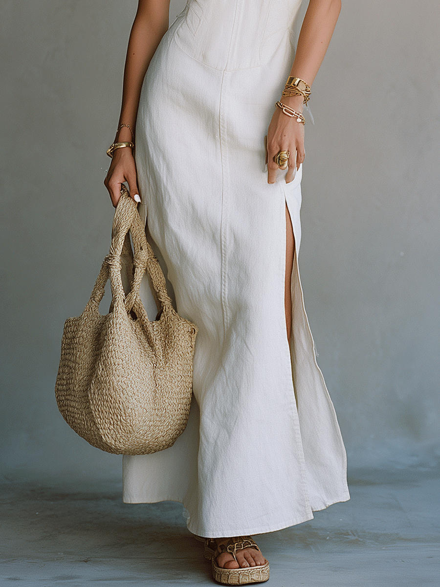 Elegant White Minimal Strappy Slit Maxi Dress