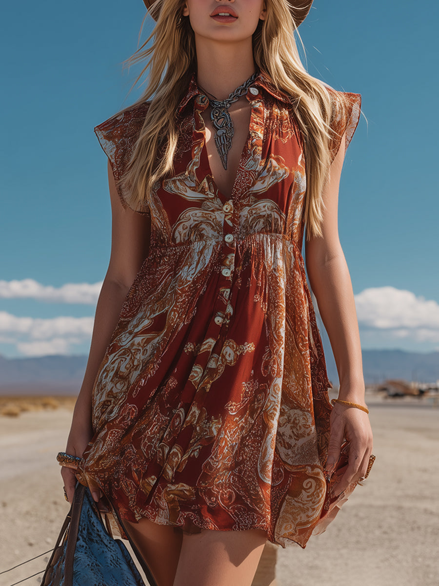 Retro Western Rust-Red Printed Chiffon Sleeveless Mini Dress