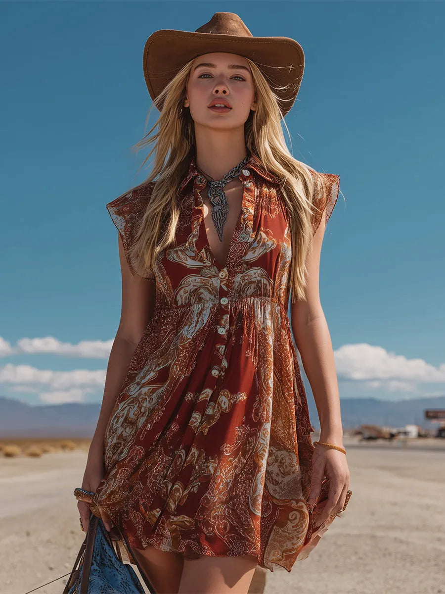 Retro Western Rust-Red Printed Chiffon Sleeveless Mini Dress