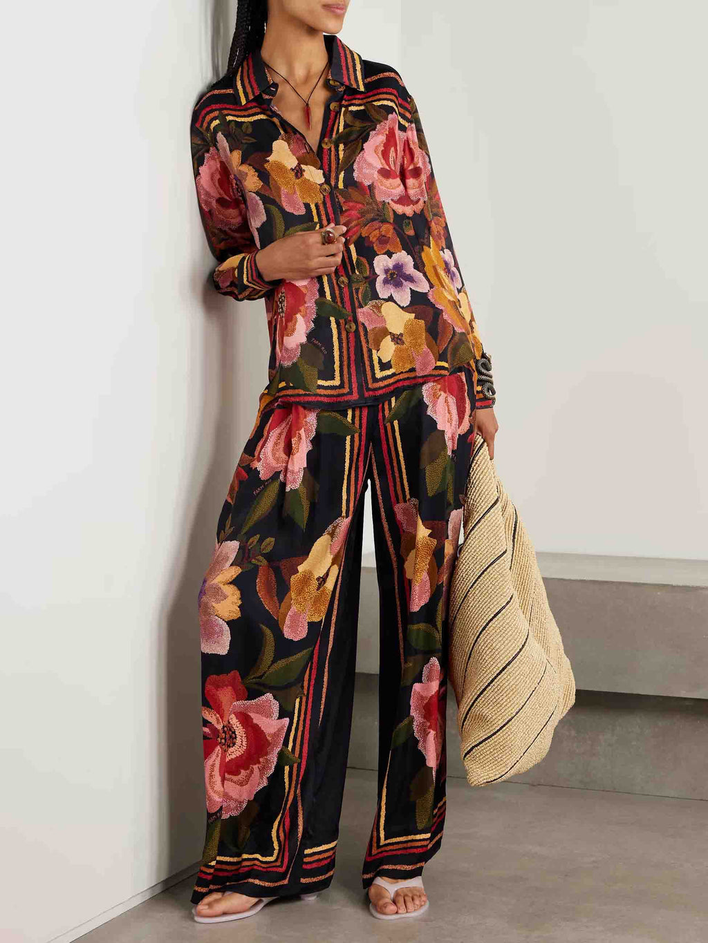 Exquisite Floral Satin Print Long-sleeved Shirt