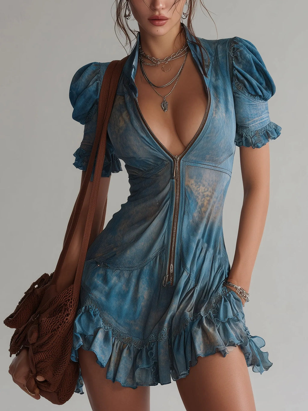Blue Chiffon Floral Zip Up Mini Dress