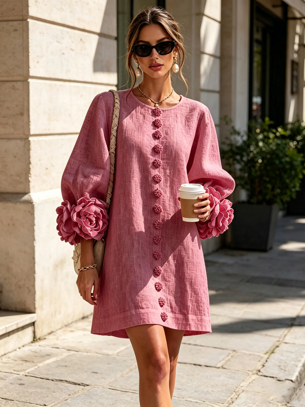 Vintage Rose Floral Button-down Mini Dress With Striking Floral Cuffs