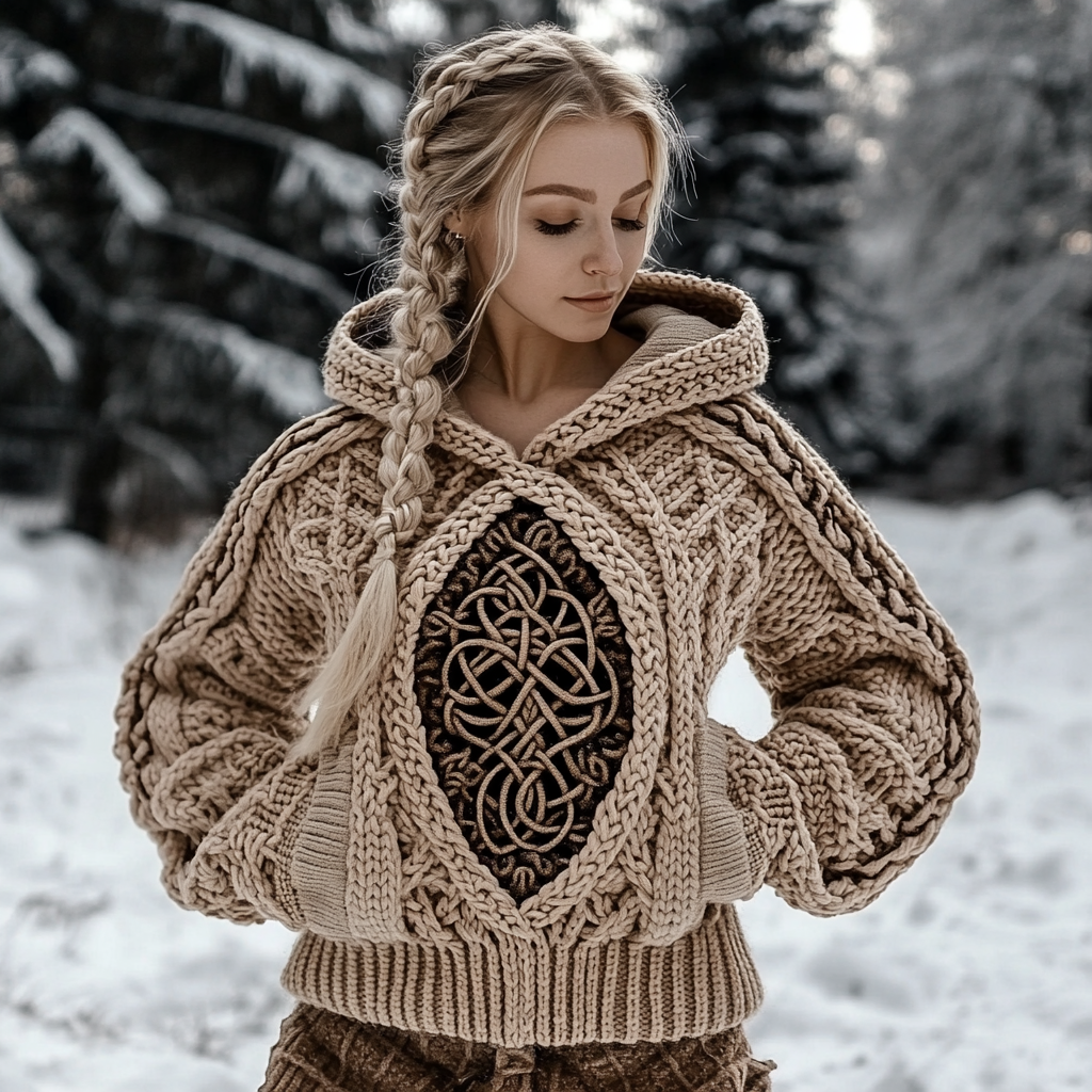 Women's Viking Tree Of Life Jacquard Celtic Knit Hooded Sweater