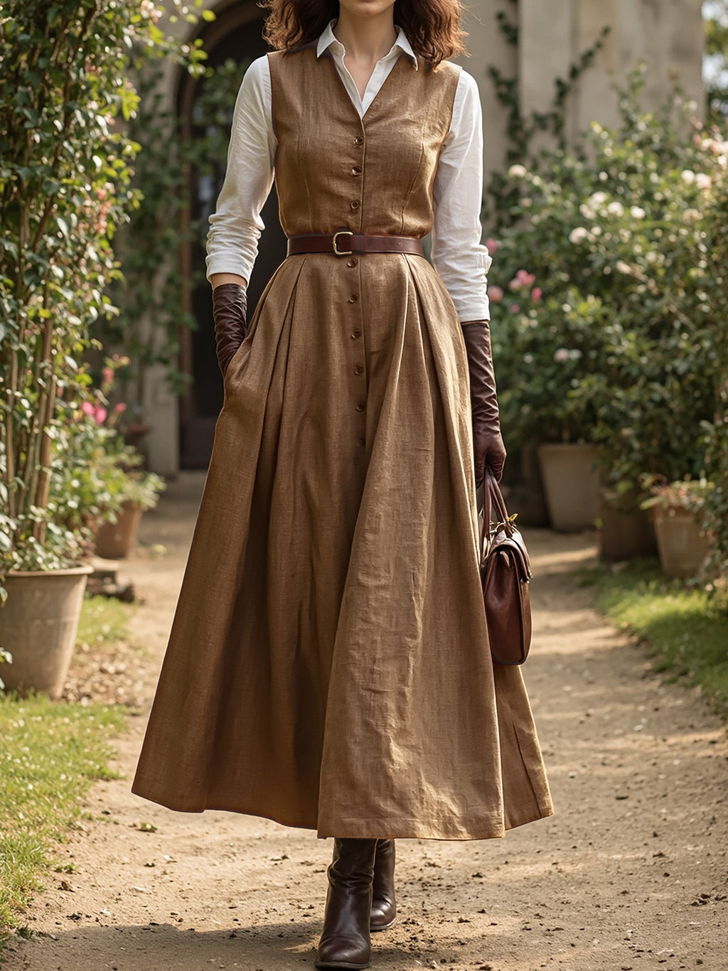 Maxi Linen Dress Set & Shirt, Long Sleeves, Shawl Collar, Plain, Button Design, French Vintage, Light Brown