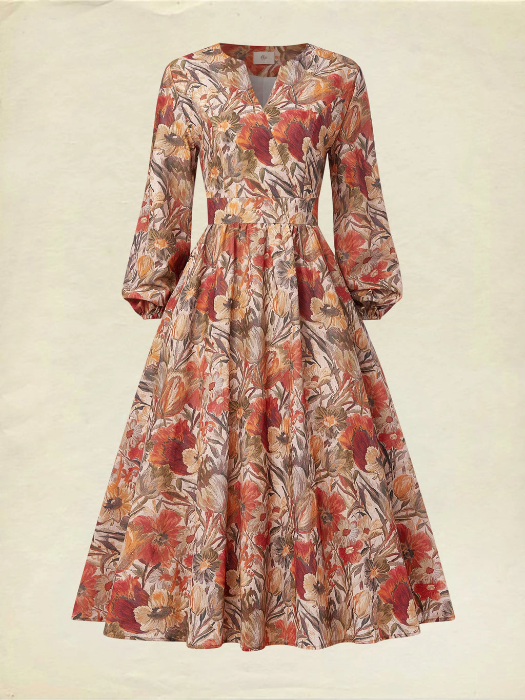 Midi Linen Dress, Long Sleeves, V Neck, Floral, Pocket Design, Vacation, Vintage, Yellow Brown
