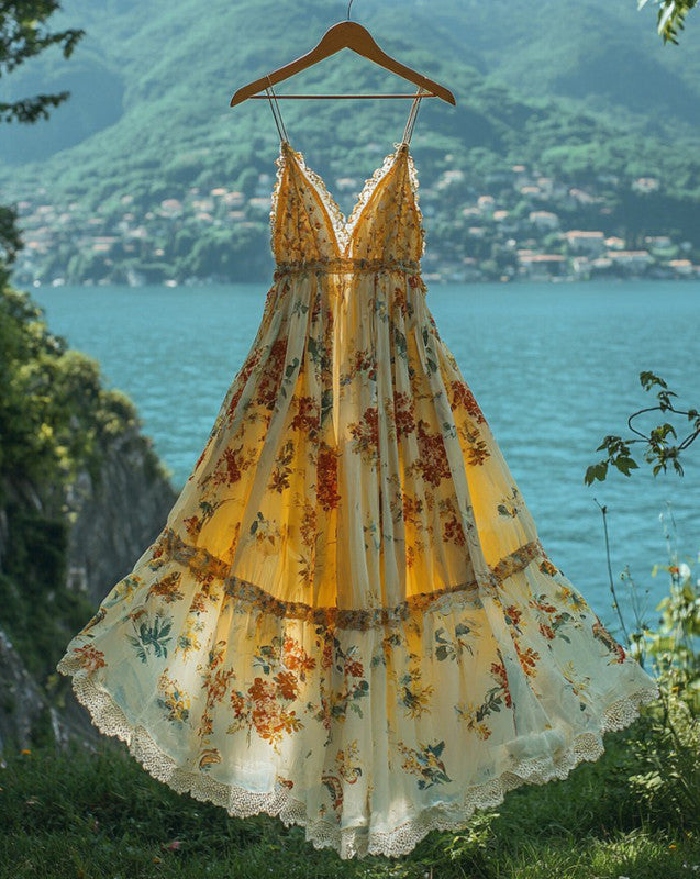 Summer Vacation Floral Print Ruffle Lace Chiffon Maxi Dress ff5e