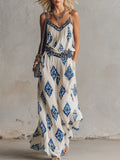 Retro Bohemian Print White Camisole And Wide-Leg Pants Chiffon Set