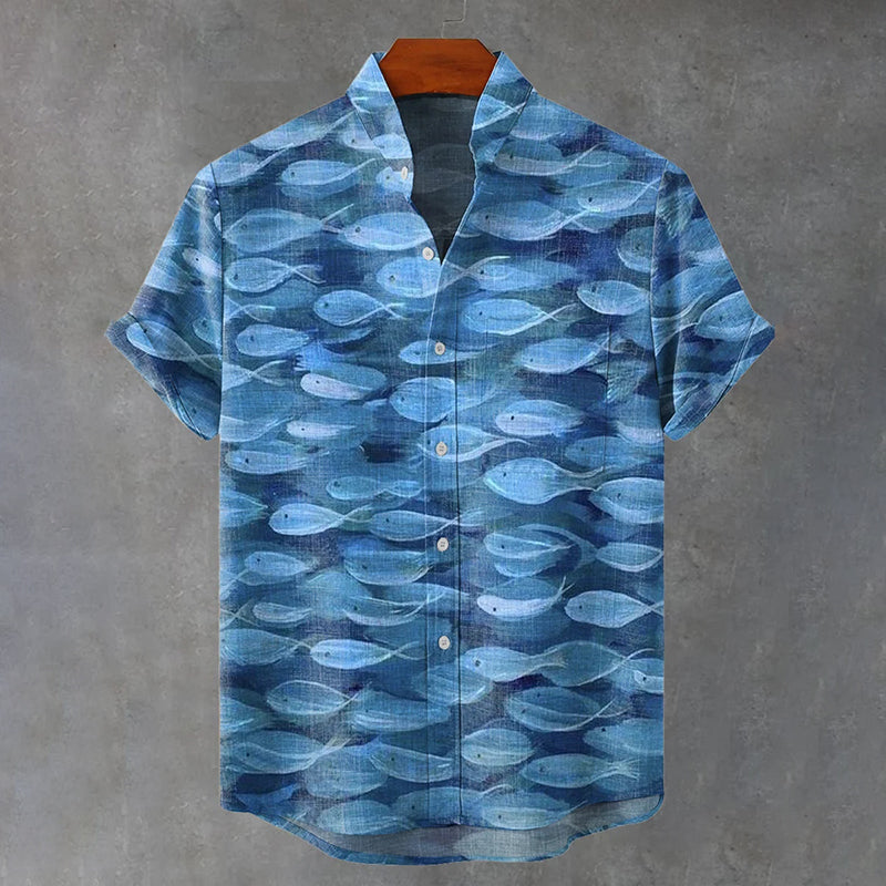 Japanese-style Ocean Pattern Art Print Casual Shirt