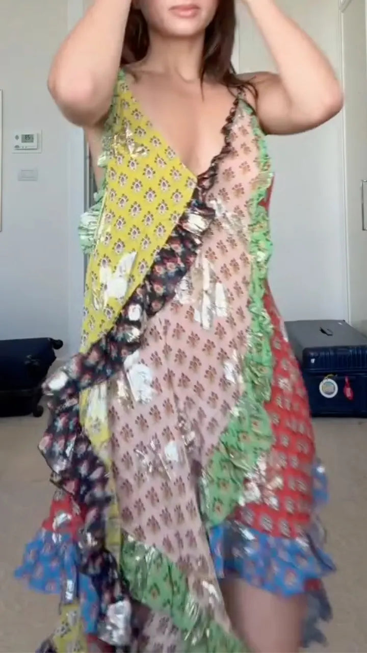 Multicolor Ruffled Patchwork Maxi Dress