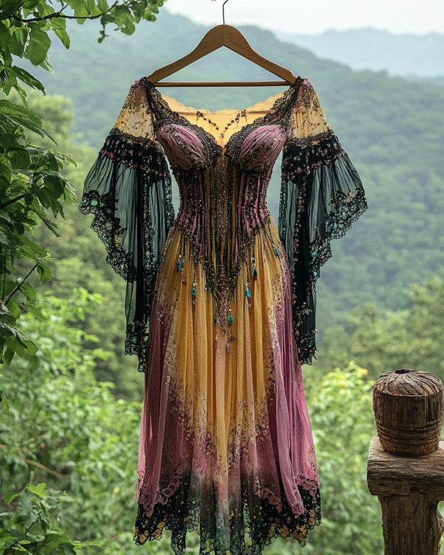 Summer Vacation Ruffle Lace Contrast Color Elegant Dress 8ca6