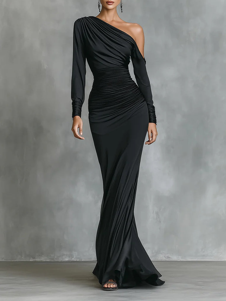 Black Elegant Satin One - Shoulder Ruched Mermaid Maxi Dress