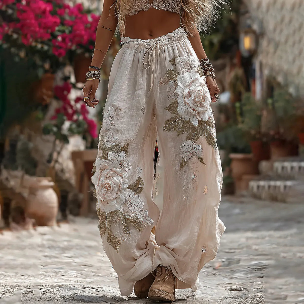 Women's Vintage Romantic White Rose Embroidery Art Comfy Linen Pants