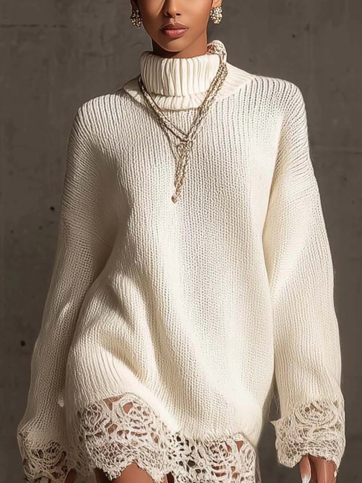 24-Hour-Shipping White Turtleneck Knit Mini Dress With Lace Trim
