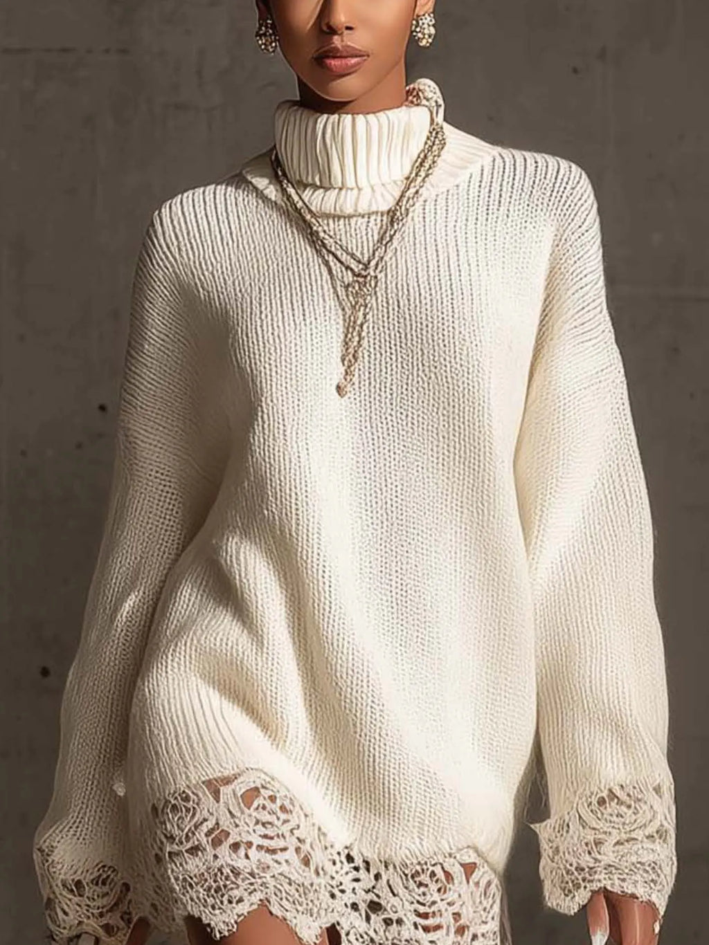 White Turtleneck Knit Mini Dress With Lace Trim