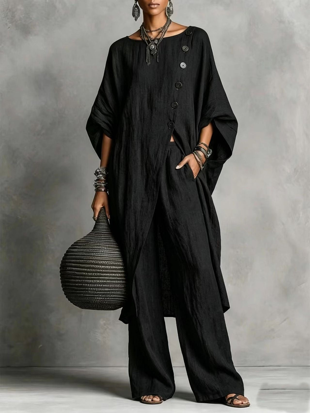Linen Oversized Tunic & Wide‐Leg Pants Co‐Ord Set