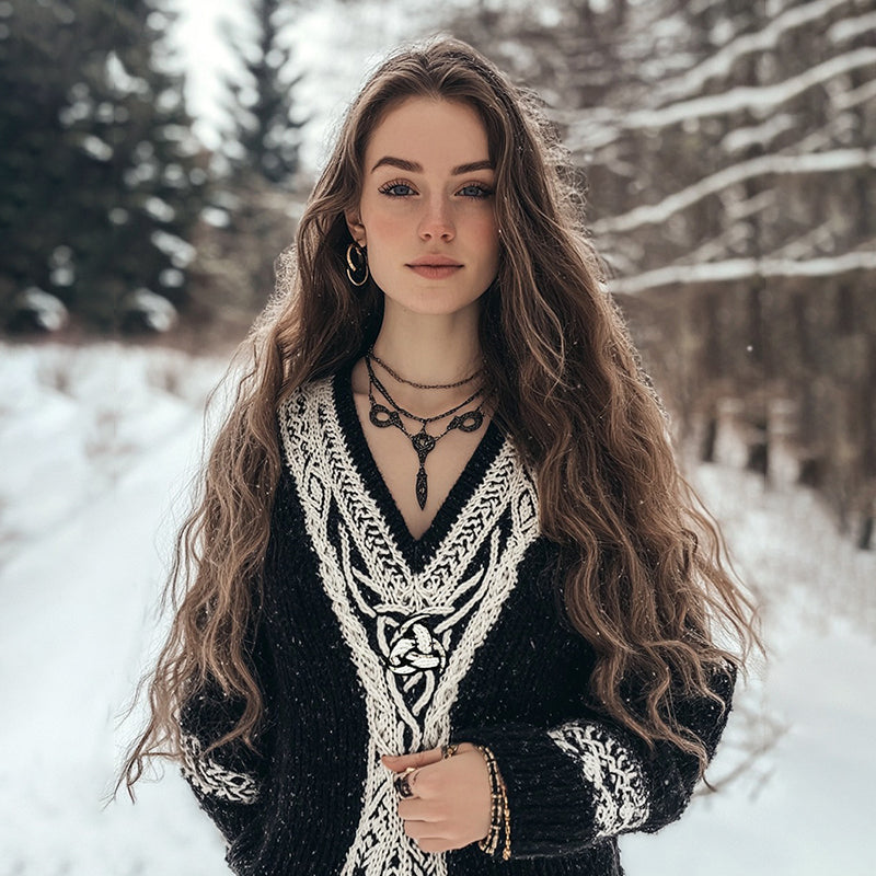 Women's Viking Style Celtic Knot V Neck Knitted Sweater