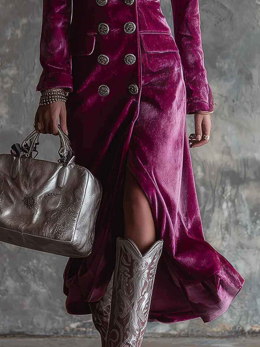 Vintage Button-Up Velvet Long Blazer Dress