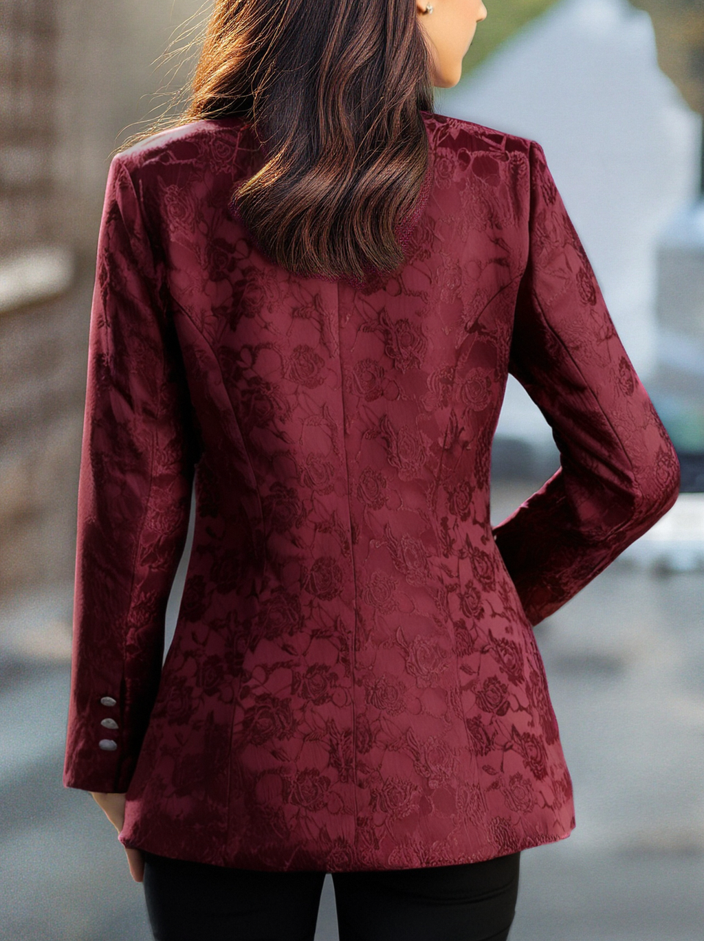 Burgundy Floral Jacquard Single-Breasted Blazer