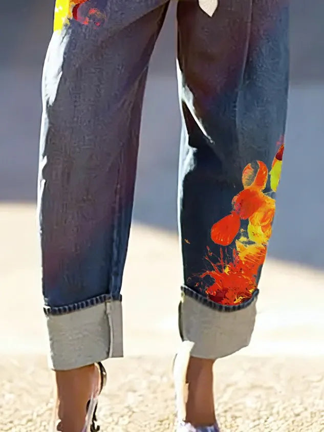 Denim Casual Printing Jeans With No Belt