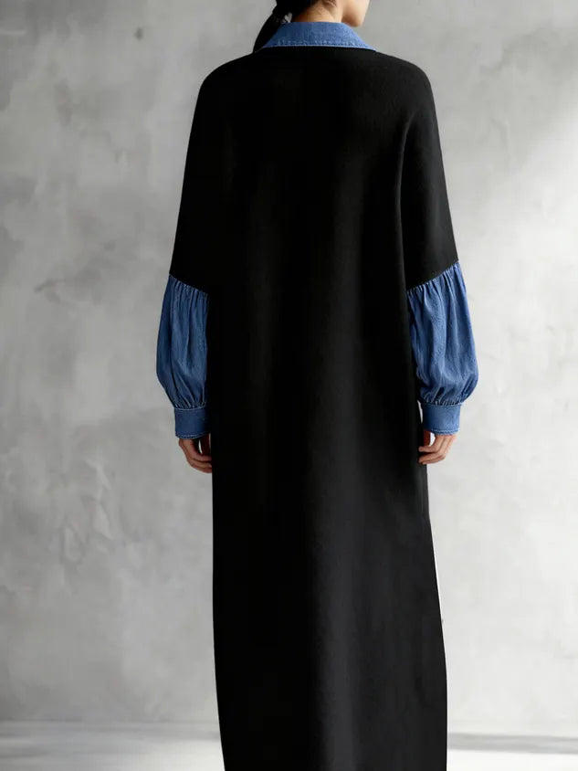 Casual Color Block Shirt Collar Maxi Dress
