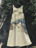 Lovely Cat Japanese Art V Neck Linen Maxi Dress