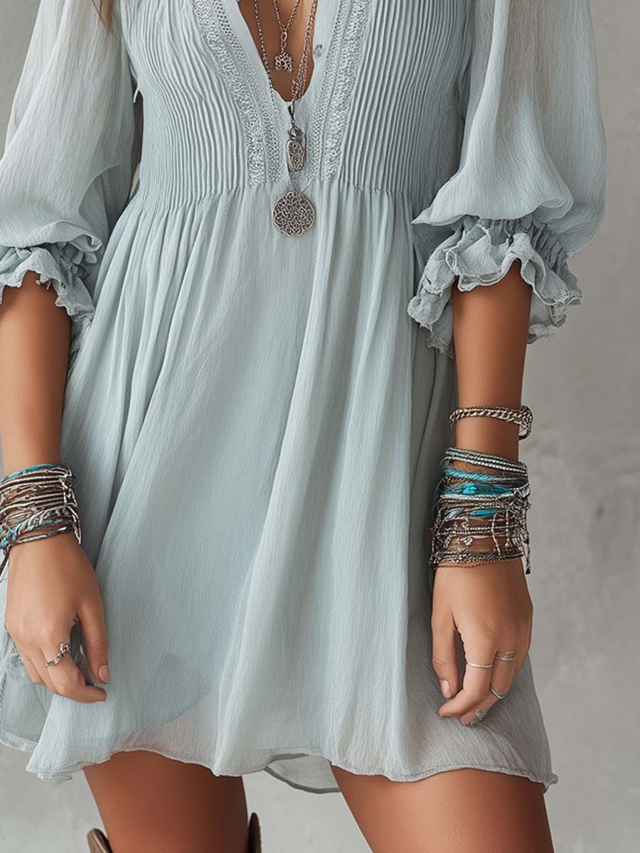 Retro Short-sleeved Ruffle Cuffs Chiffon Mini Dress