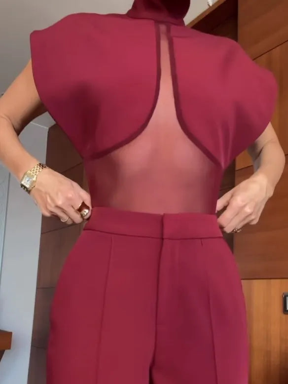 Burgundy patchwork sheer mesh top and trousers set
