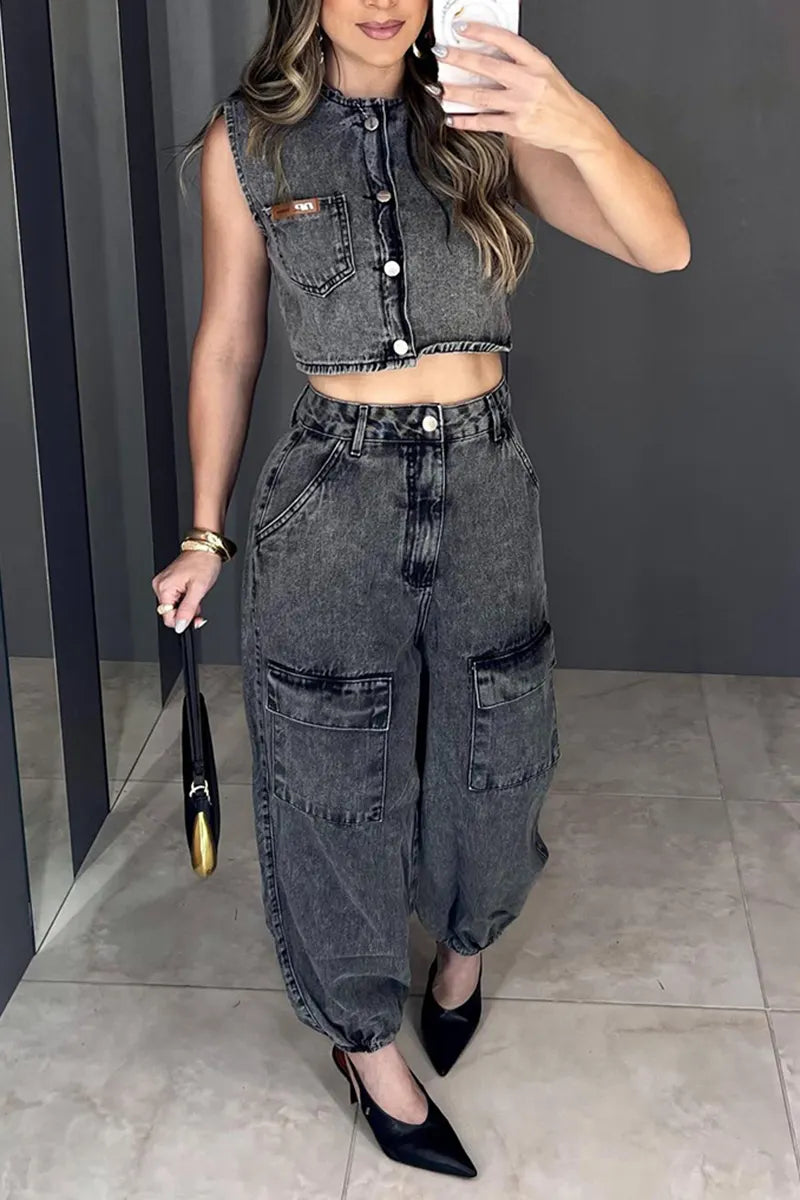 Women's Casual Distressed Wash Denim Vest or Jogger Jeans