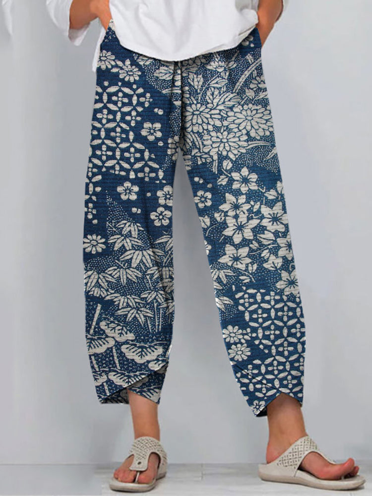 Vintage Japanese Art Flower Print Casual Pants