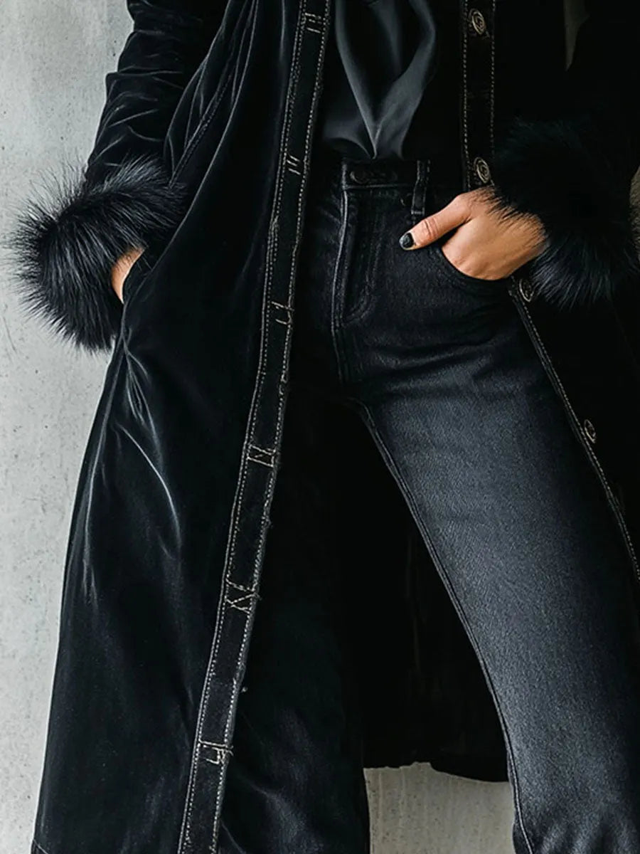 Elegant Tailoring Long Black Velvet Coat With Eco Fur Collar & Cuffs