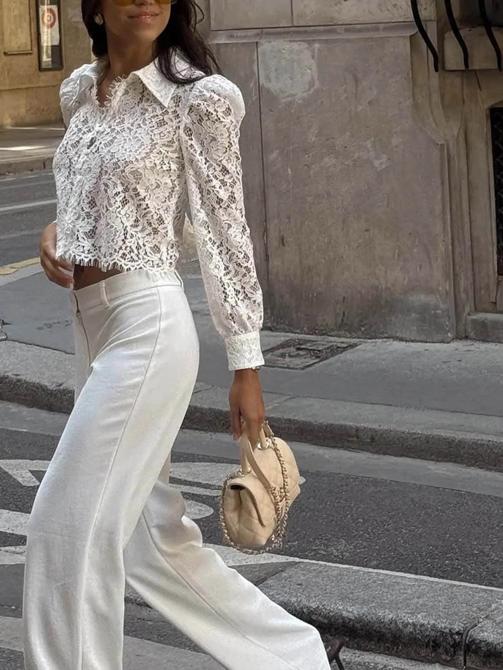 Elegant Lace Long-sleeved Cropped Shirt